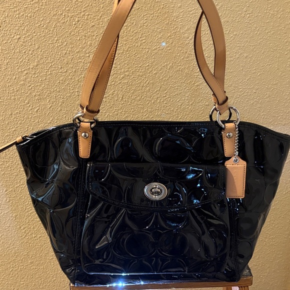 Coach Black and Tan Patent Leather Tote - Picture 1 of 10